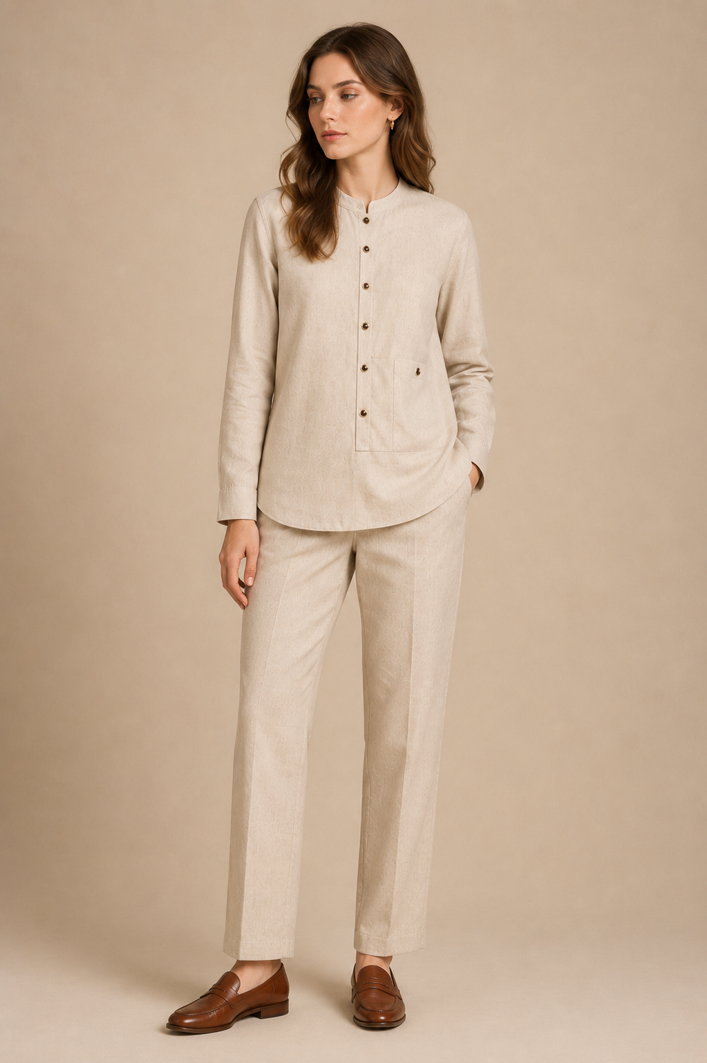 Natural modern fit men's uniform by Vellor Vault, angle view.