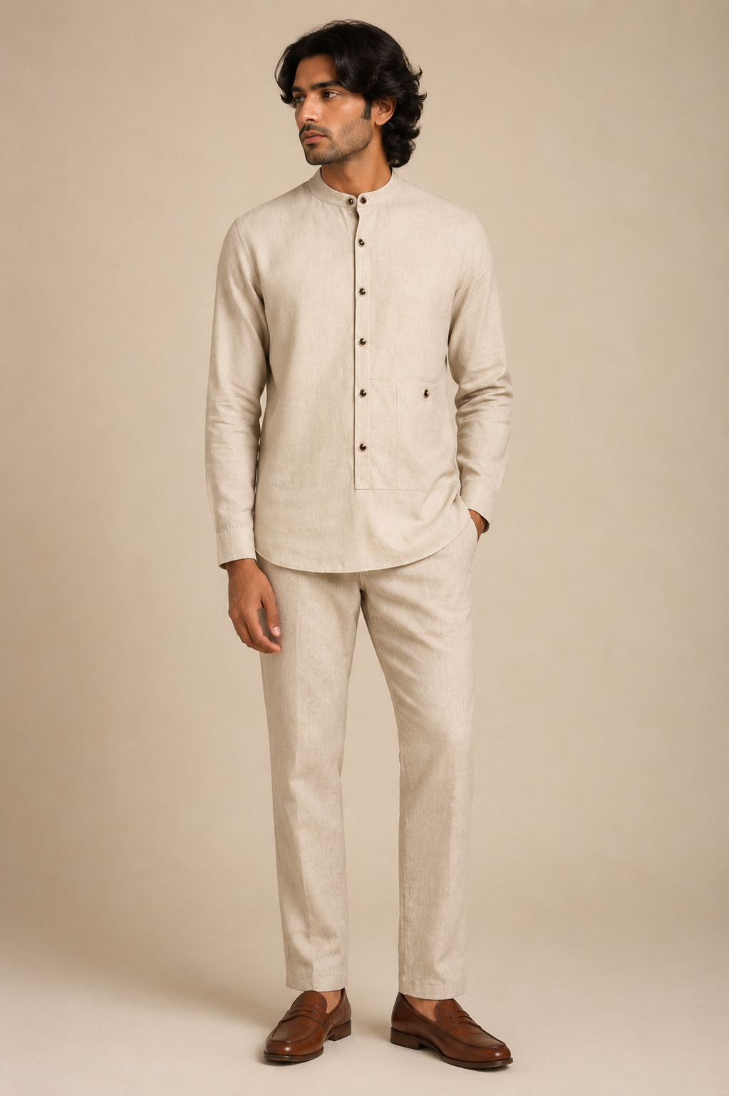 Natural modern fit men's uniform by Vellor Vault, back view.