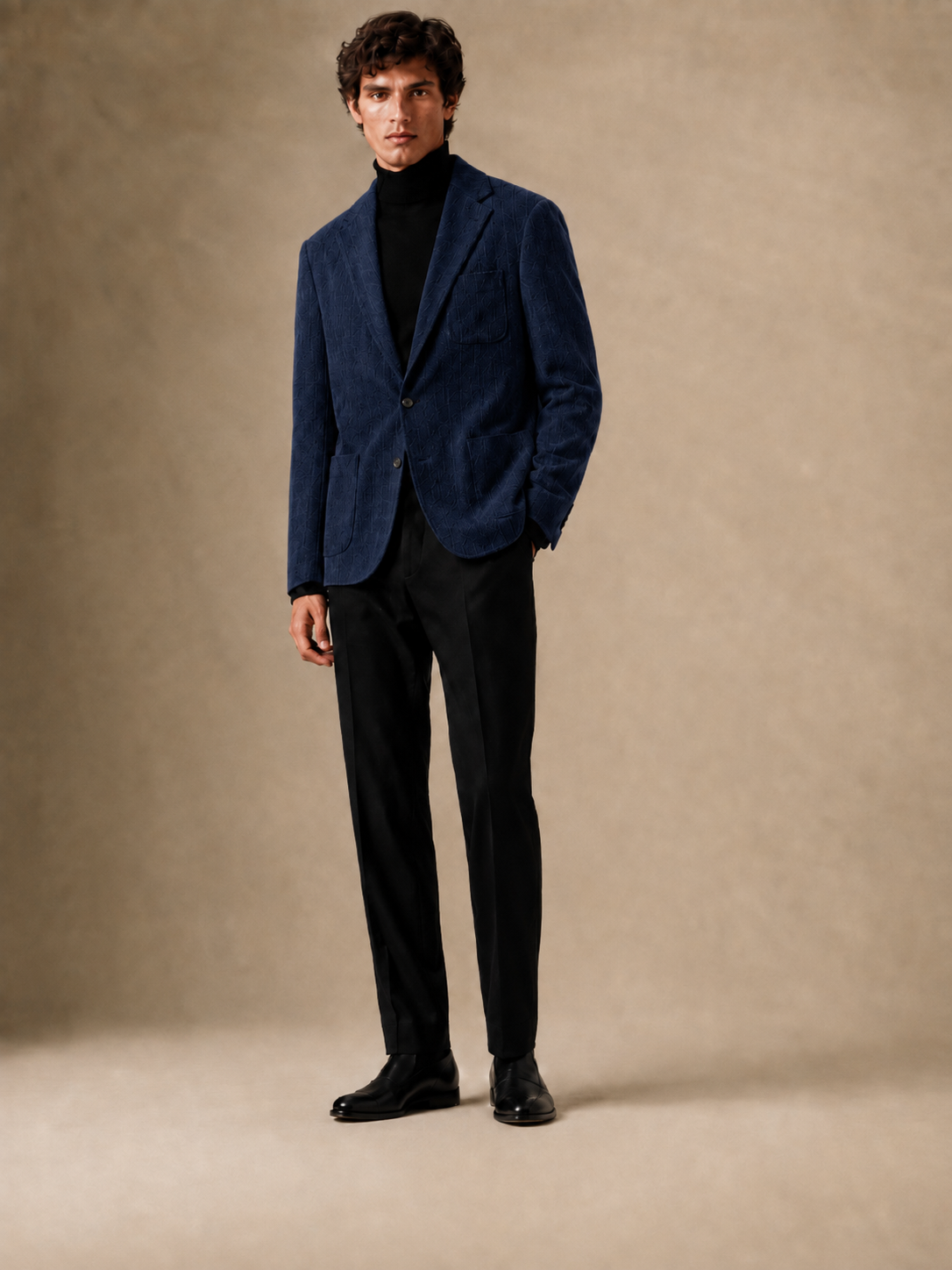Navy Corduroy modern fit men's blazer by Vellor Vault, front view.