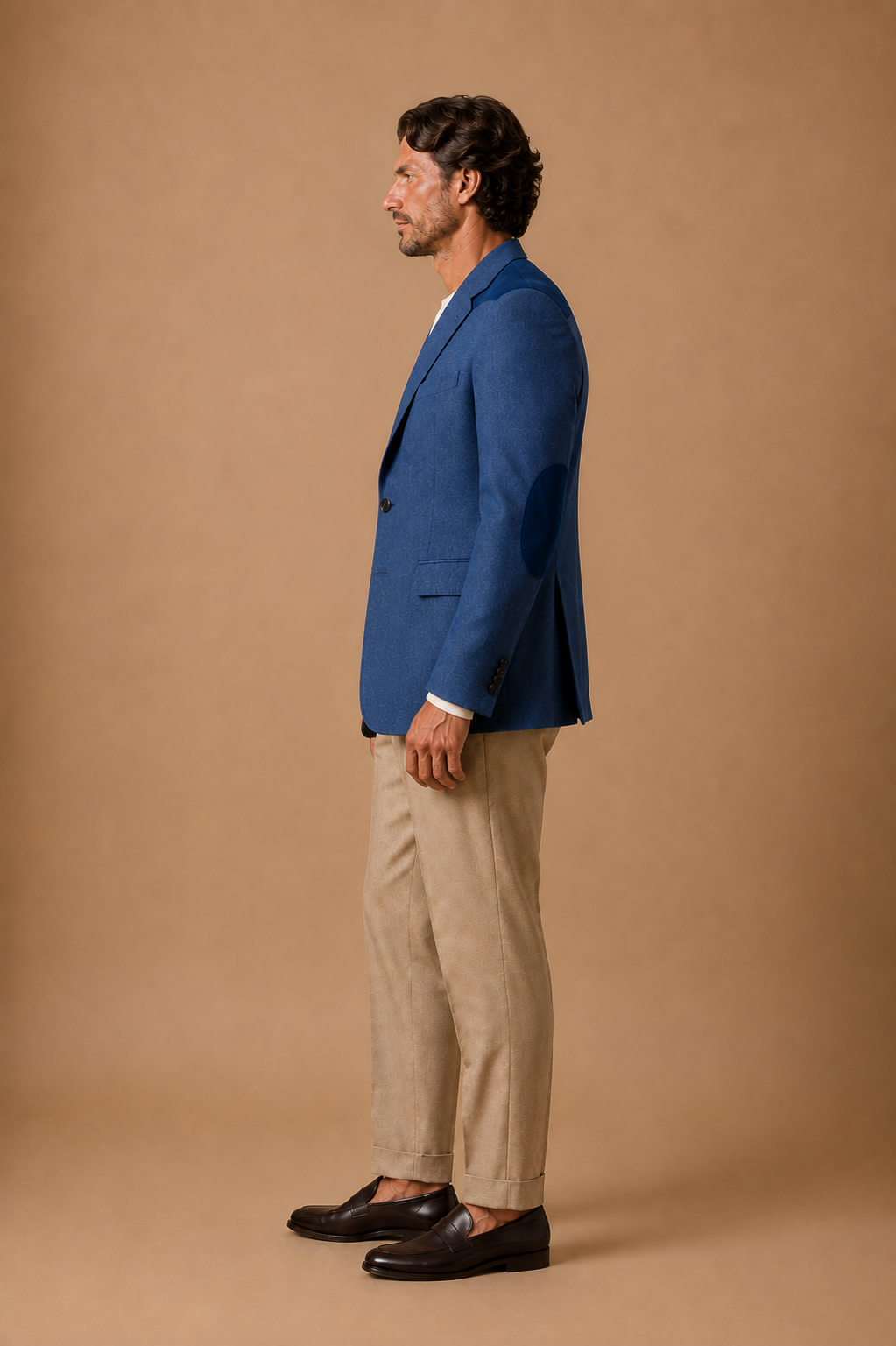 Navy modern fit men's blazer by Vellor Vault, angle view.