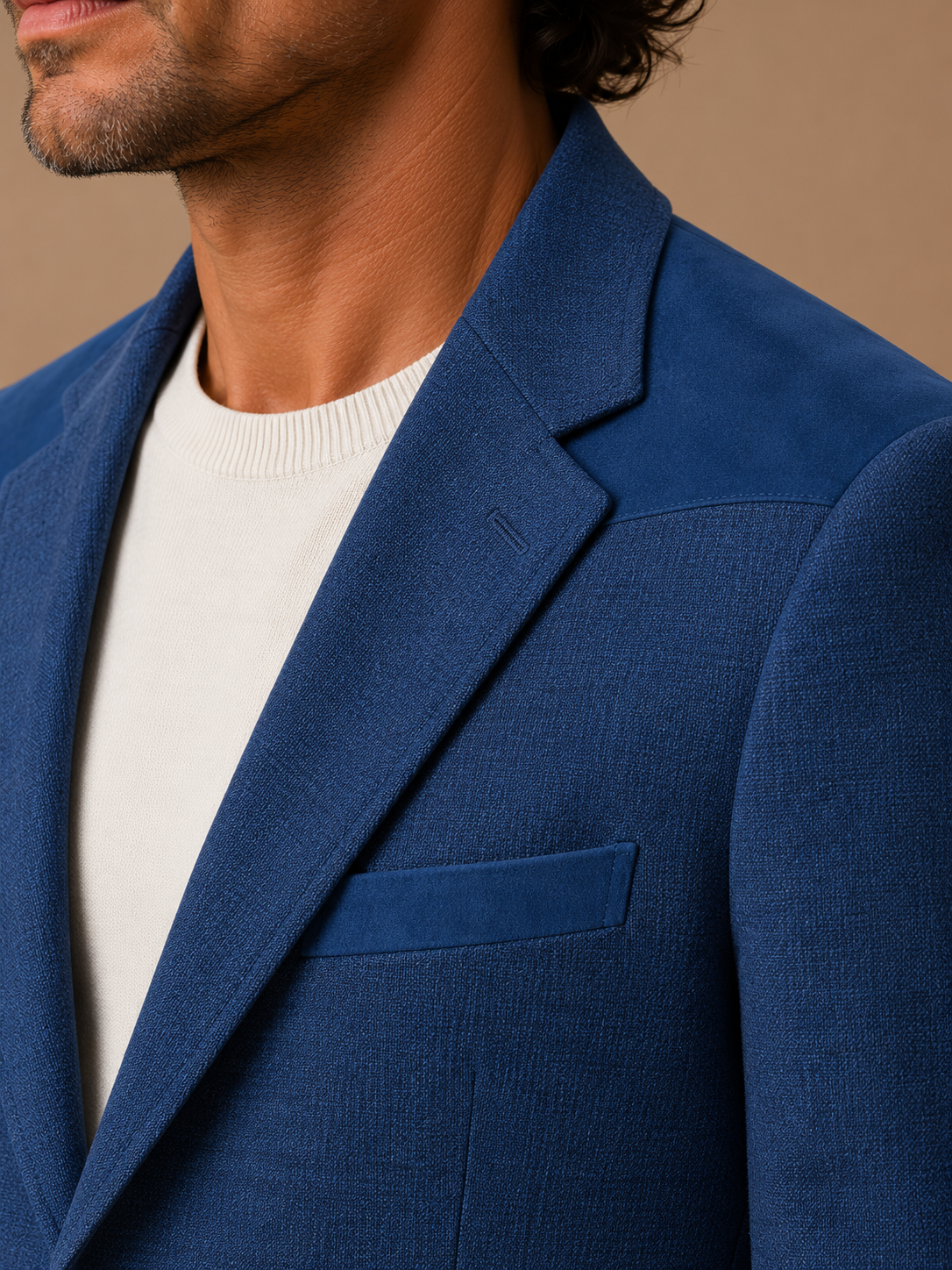 Navy modern fit men's blazer by Vellor Vault, detail view.