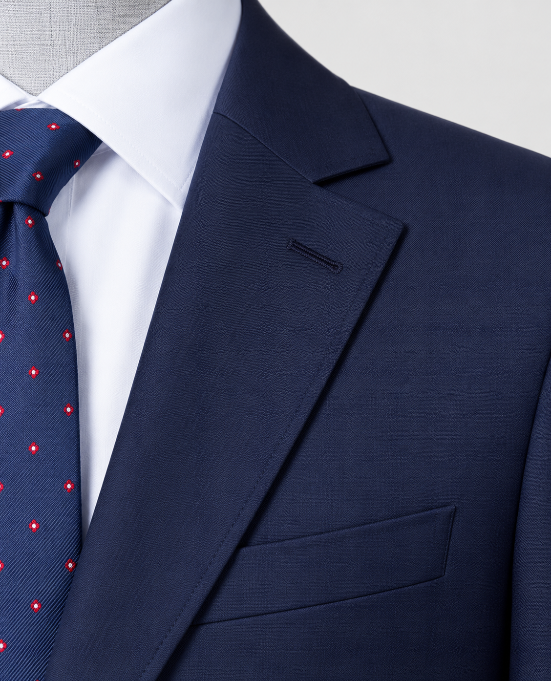 Navy modern fit men's suit jacket by Vellor Vault, detail view.