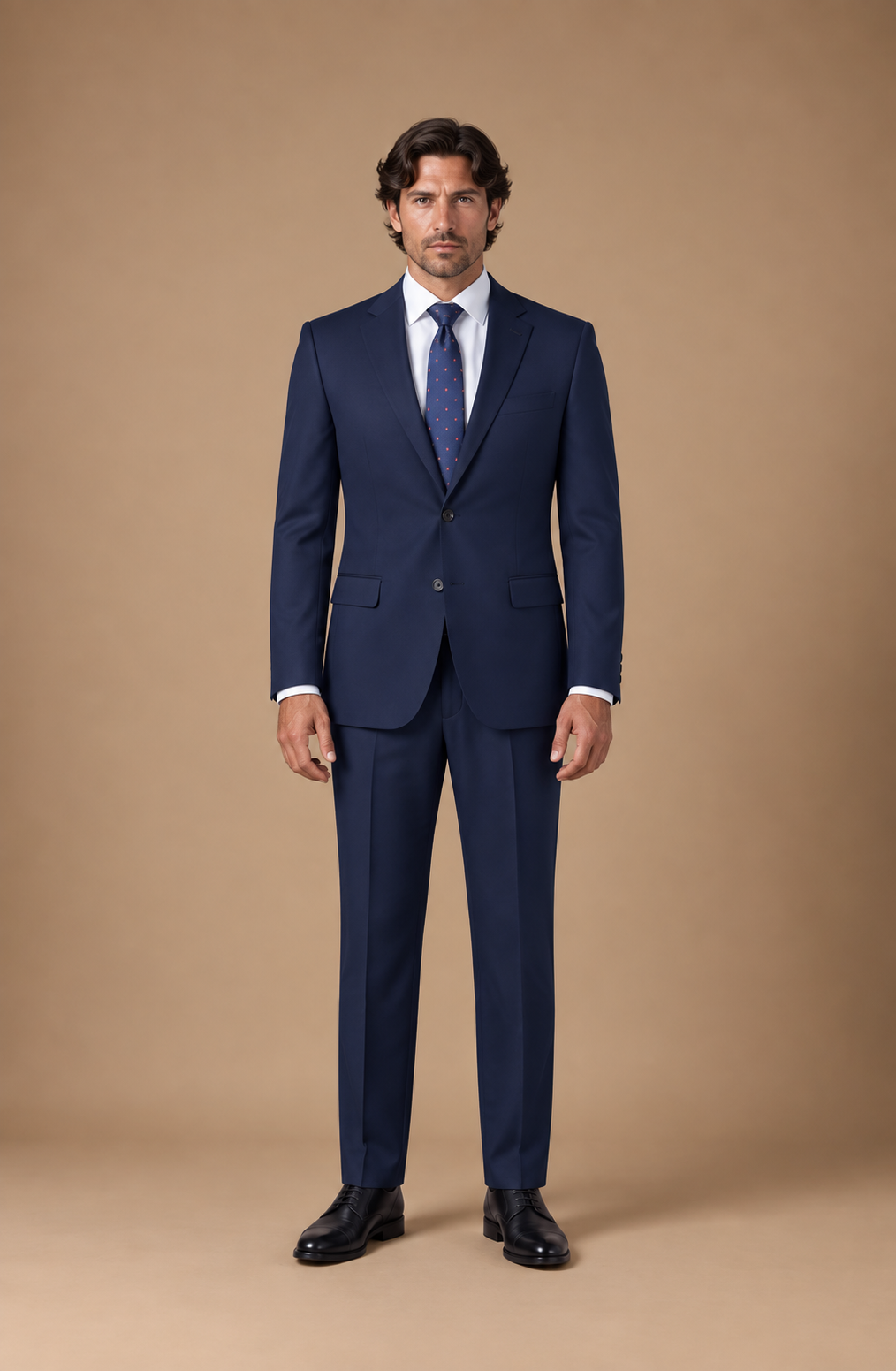 Navy modern fit men's suit jacket by Vellor Vault, front view.
