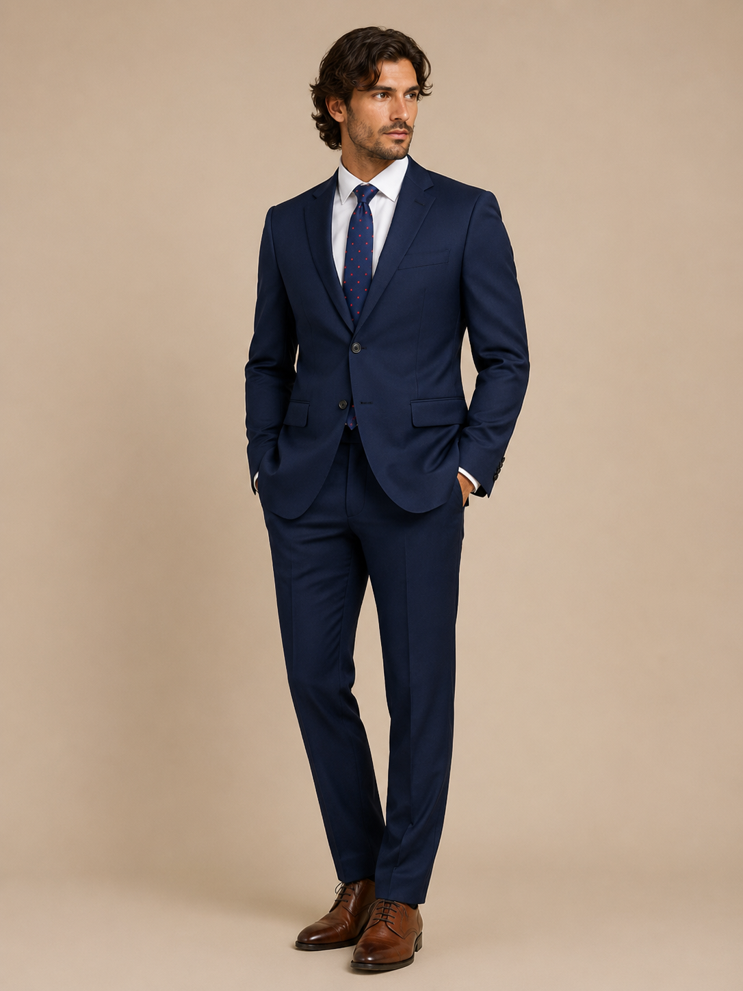 Navy modern fit men's suit jacket by Vellor Vault, front view.