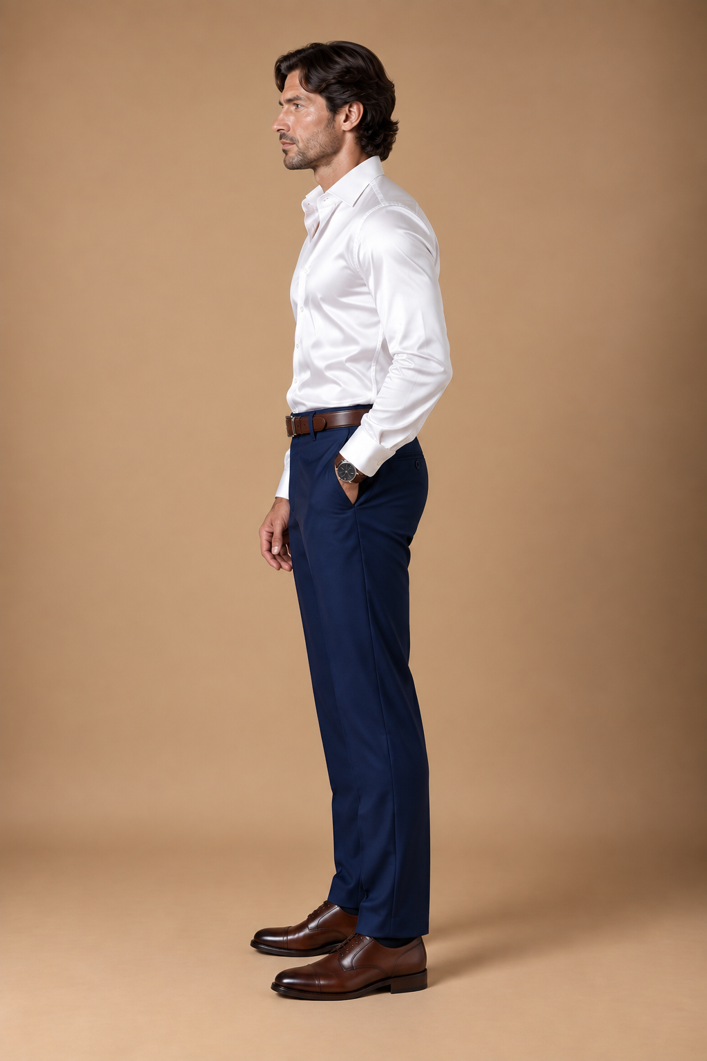 Navy modern fit men's trouser by Vellor Vault, angle view.