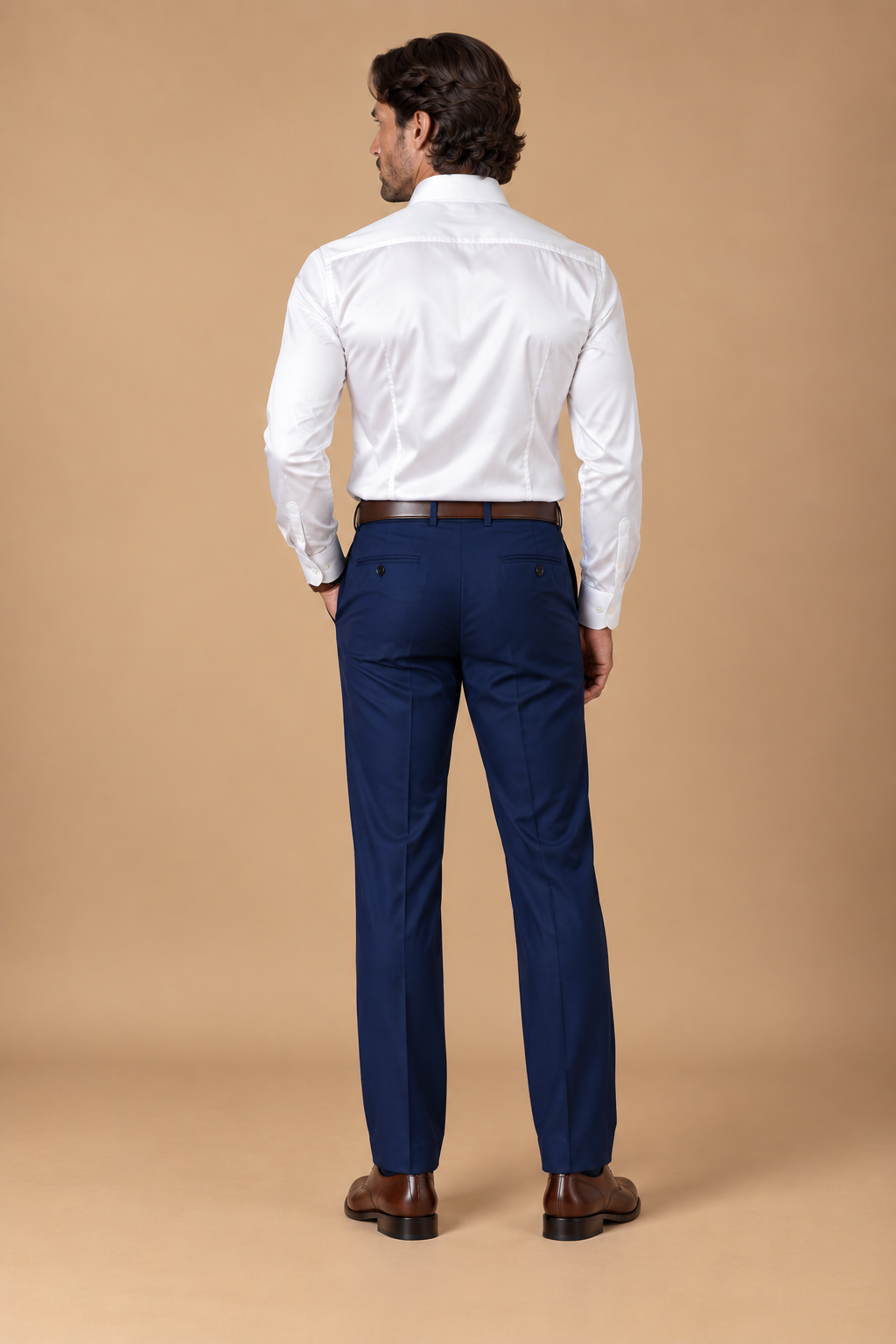 Navy modern fit men's trouser by Vellor Vault, back view.