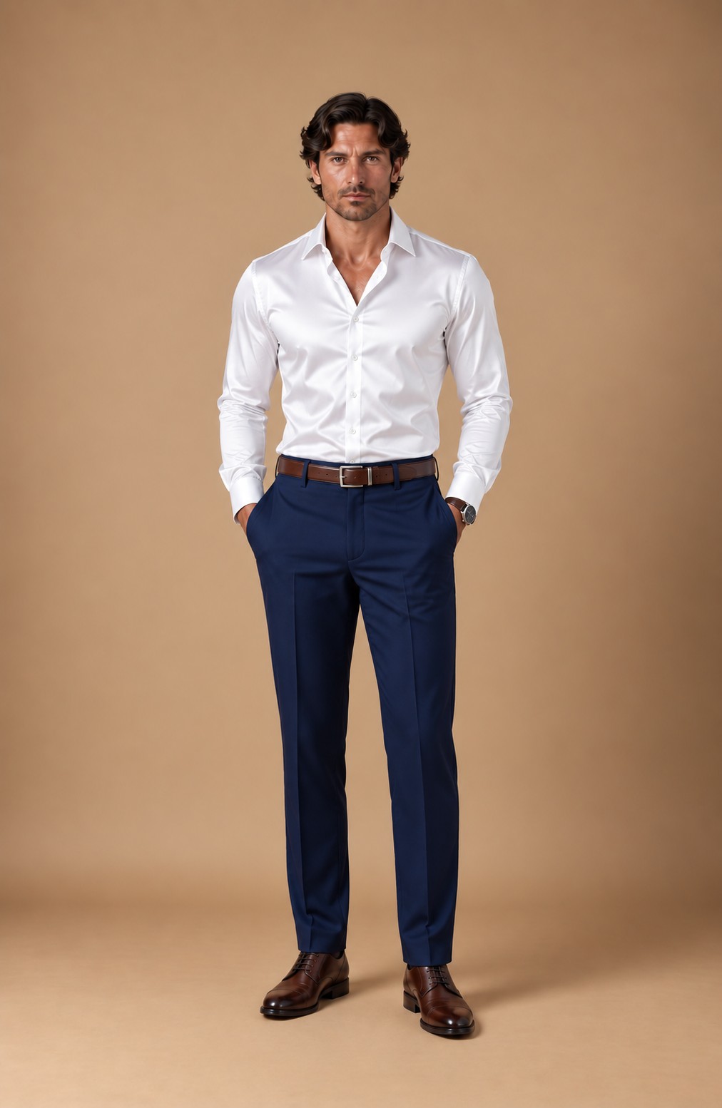 Navy modern fit men's trouser by Vellor Vault, front view.