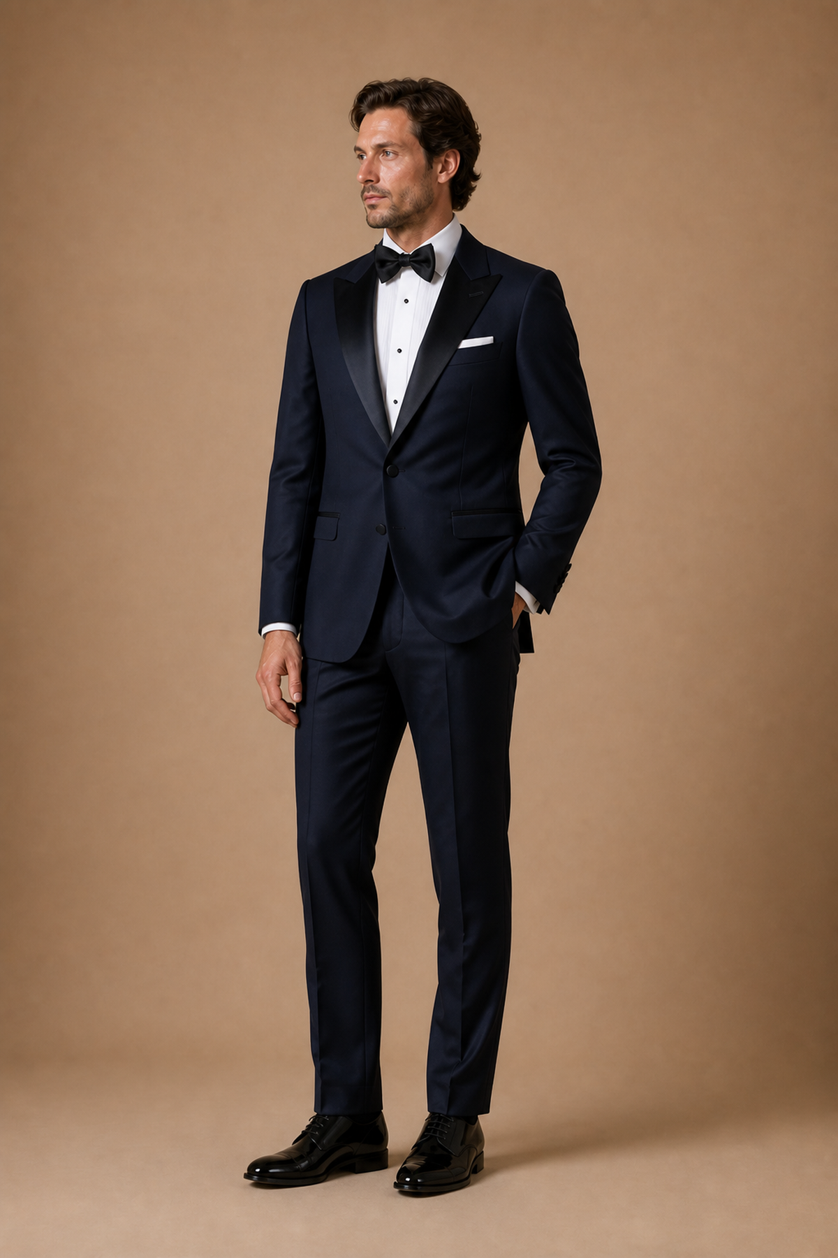 Navy modern fit men's tux jacket by Vellor Vault, angle view.