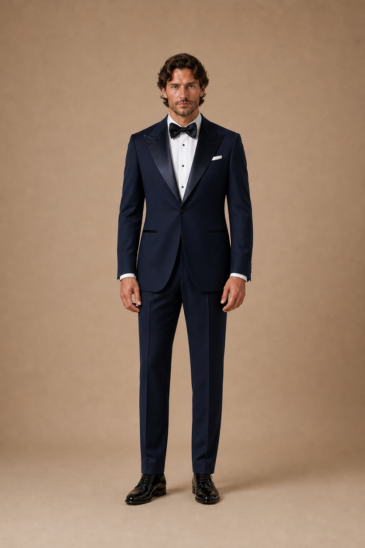 Navy modern fit men's tux jacket by Vellor Vault, front view.