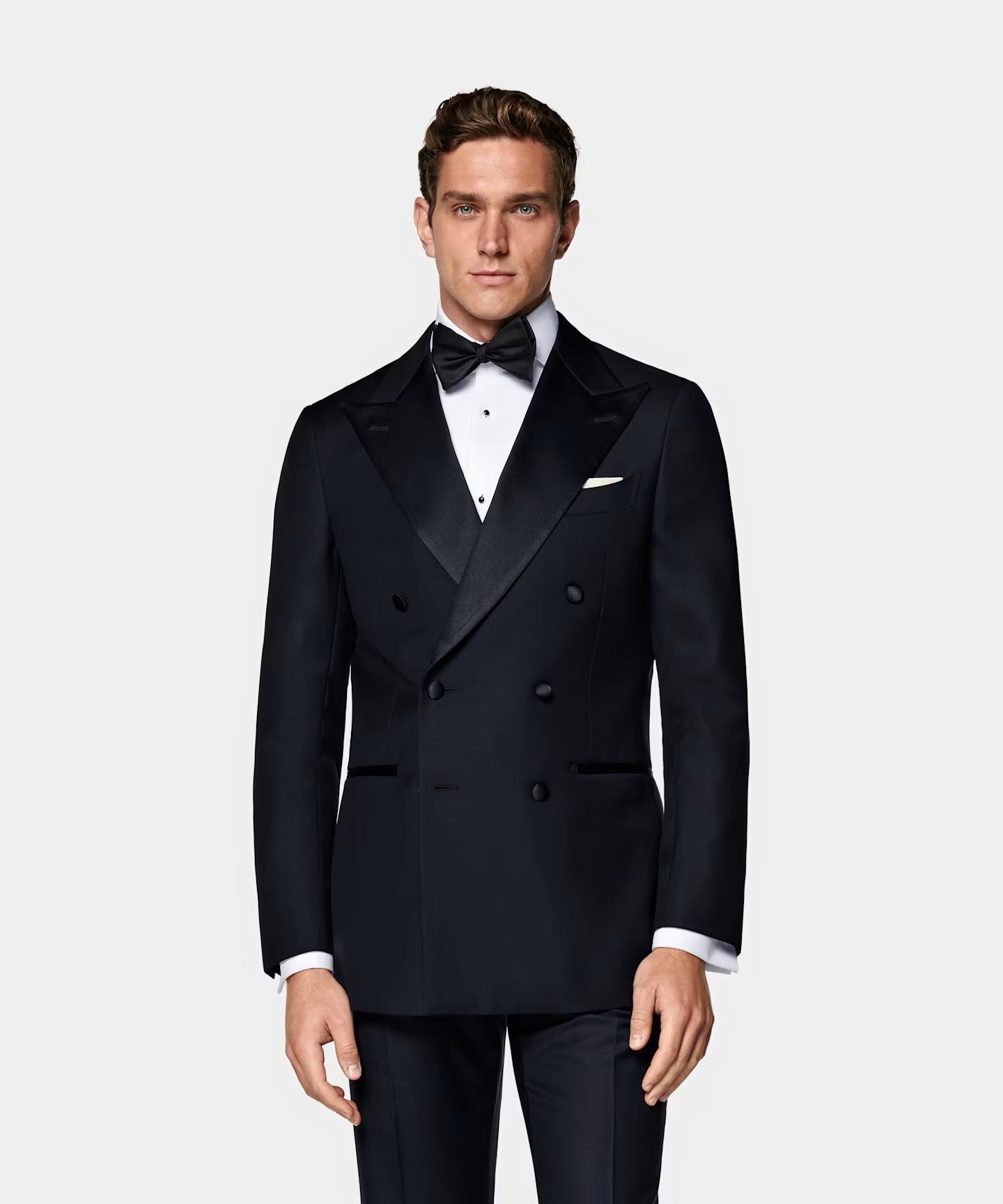 Navy modern fit men's tux jacket by Vellor Vault, front view.