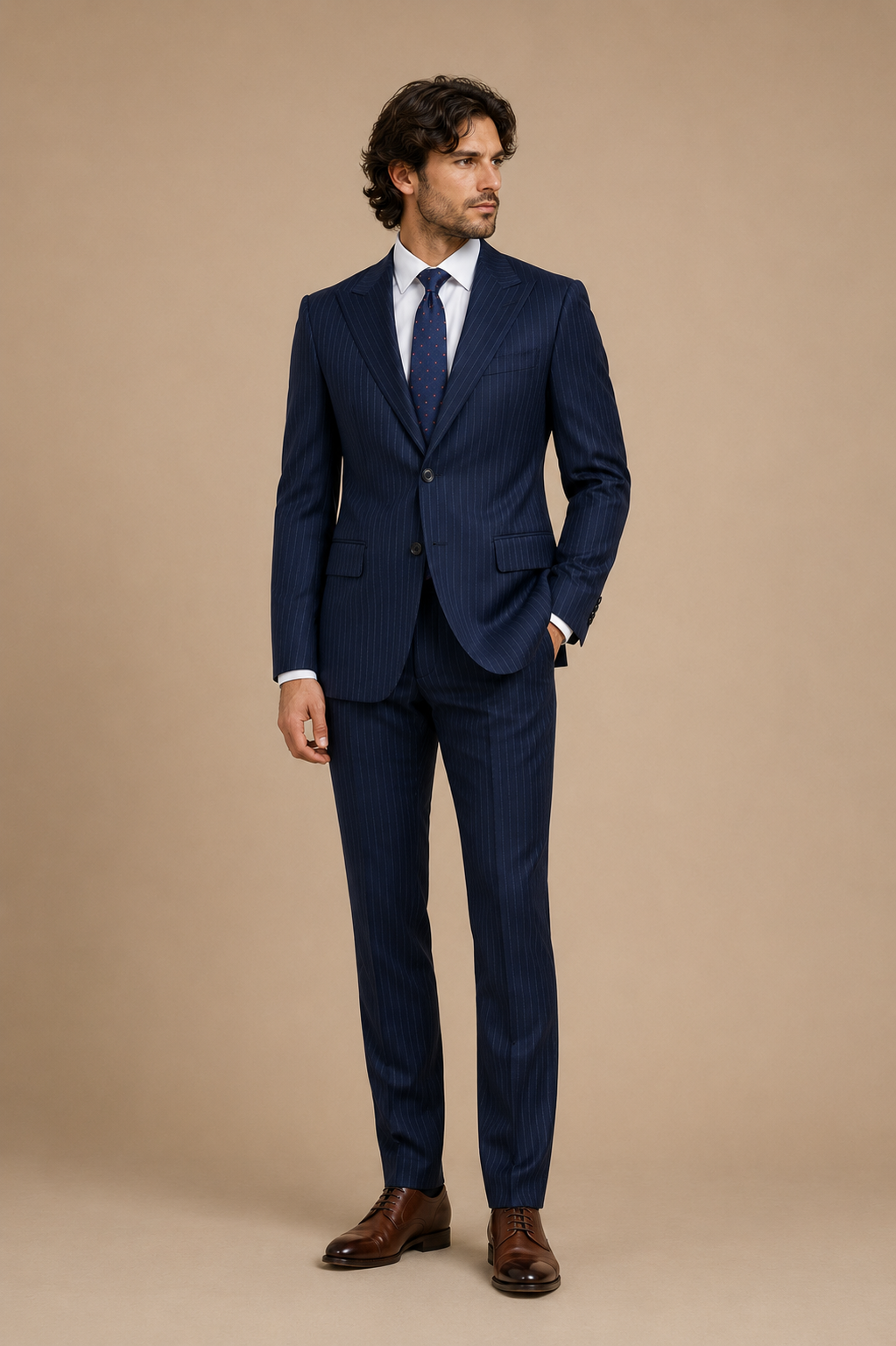 Navy Pinstripe modern fit men's suit jacket by Vellor Vault, front view.