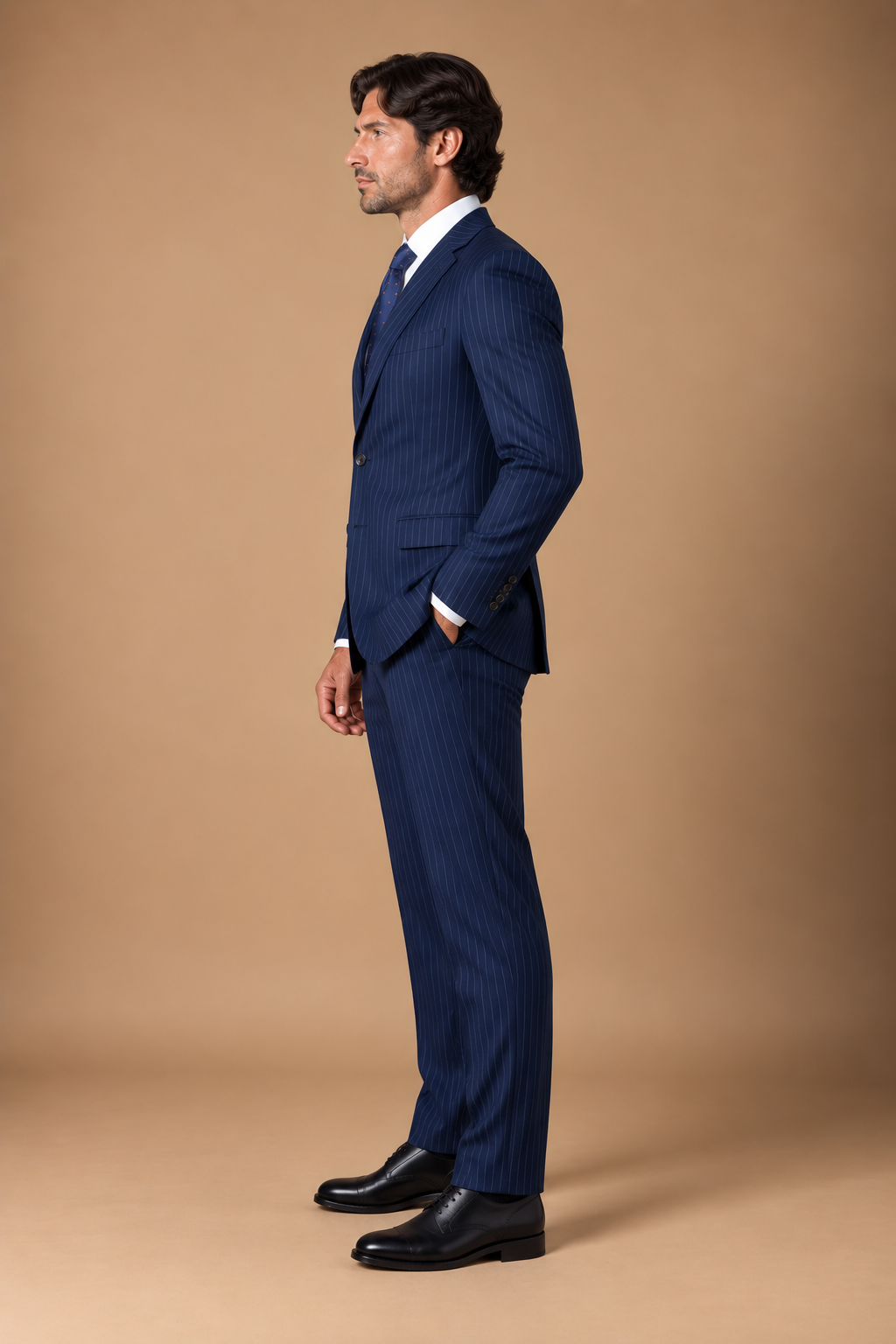 Navy Stripe modern fit men's suit jacket by Vellor Vault, angle view.