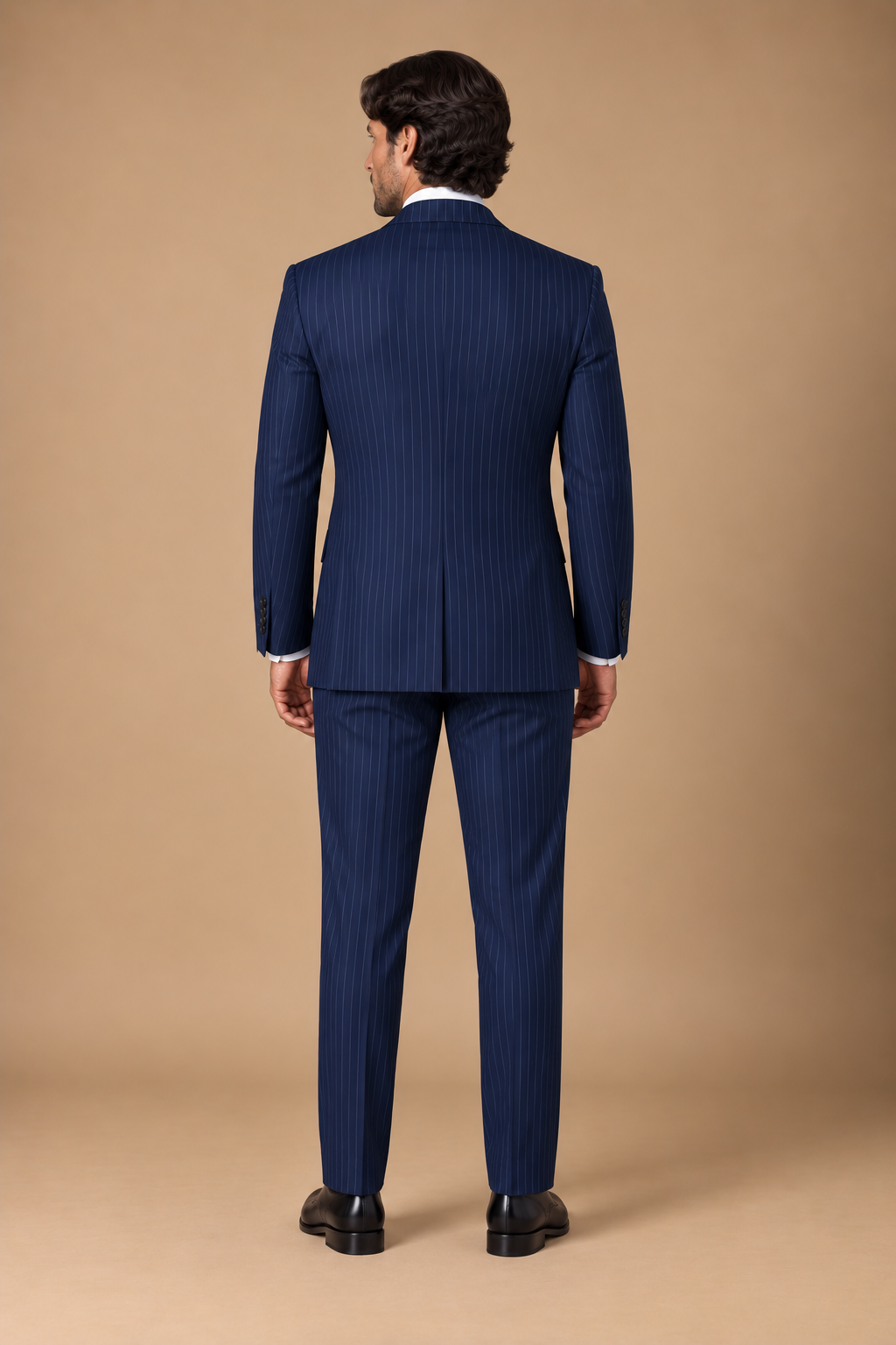 Navy Stripe modern fit men's suit jacket by Vellor Vault, back view.