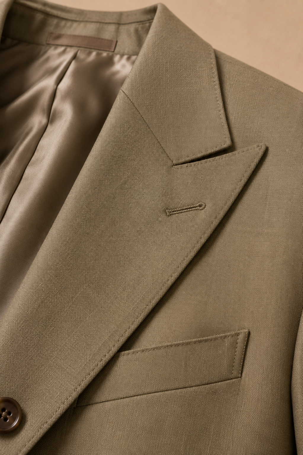 Olive Beige modern fit men's suit jacket by Vellor Vault, angle view.