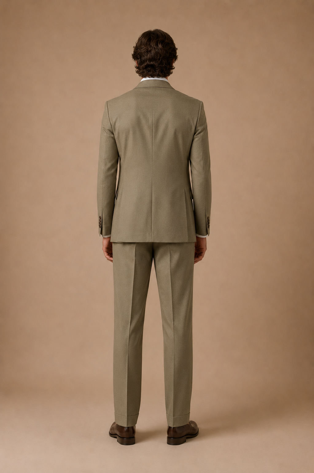 Olive Beige modern fit men's suit jacket by Vellor Vault, back view.
