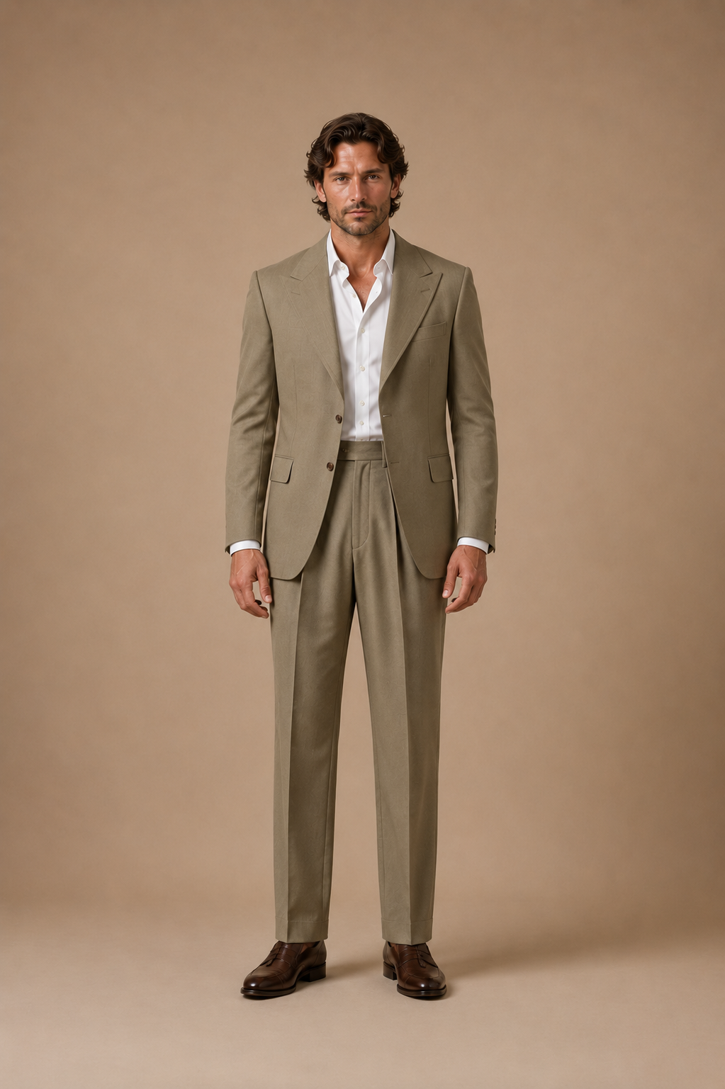 Olive Beige modern fit men's suit jacket by Vellor Vault, front view.