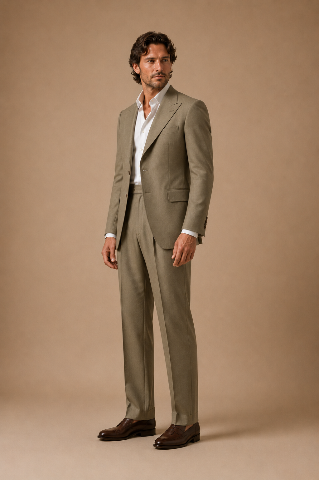 Olive Beige modern fit men's suit jacket by Vellor Vault, styled view.