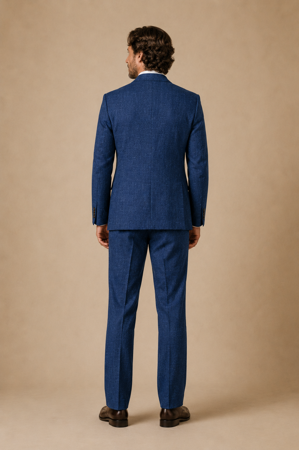 Riviera Blue modern fit men's suit jacket by Vellor Vault, back view.
